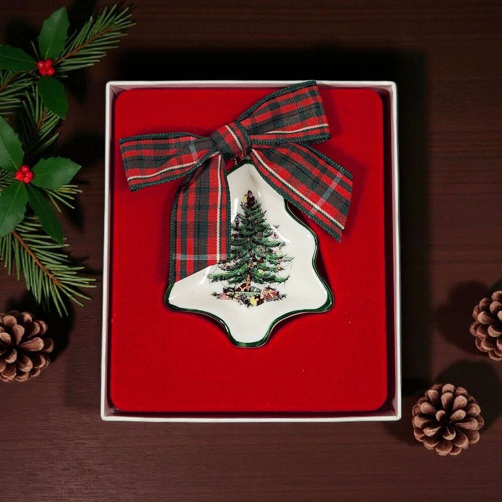 Spode Christmas Tree Ornament w/ Box Plaid Bow Porcelain Holiday Collectible
